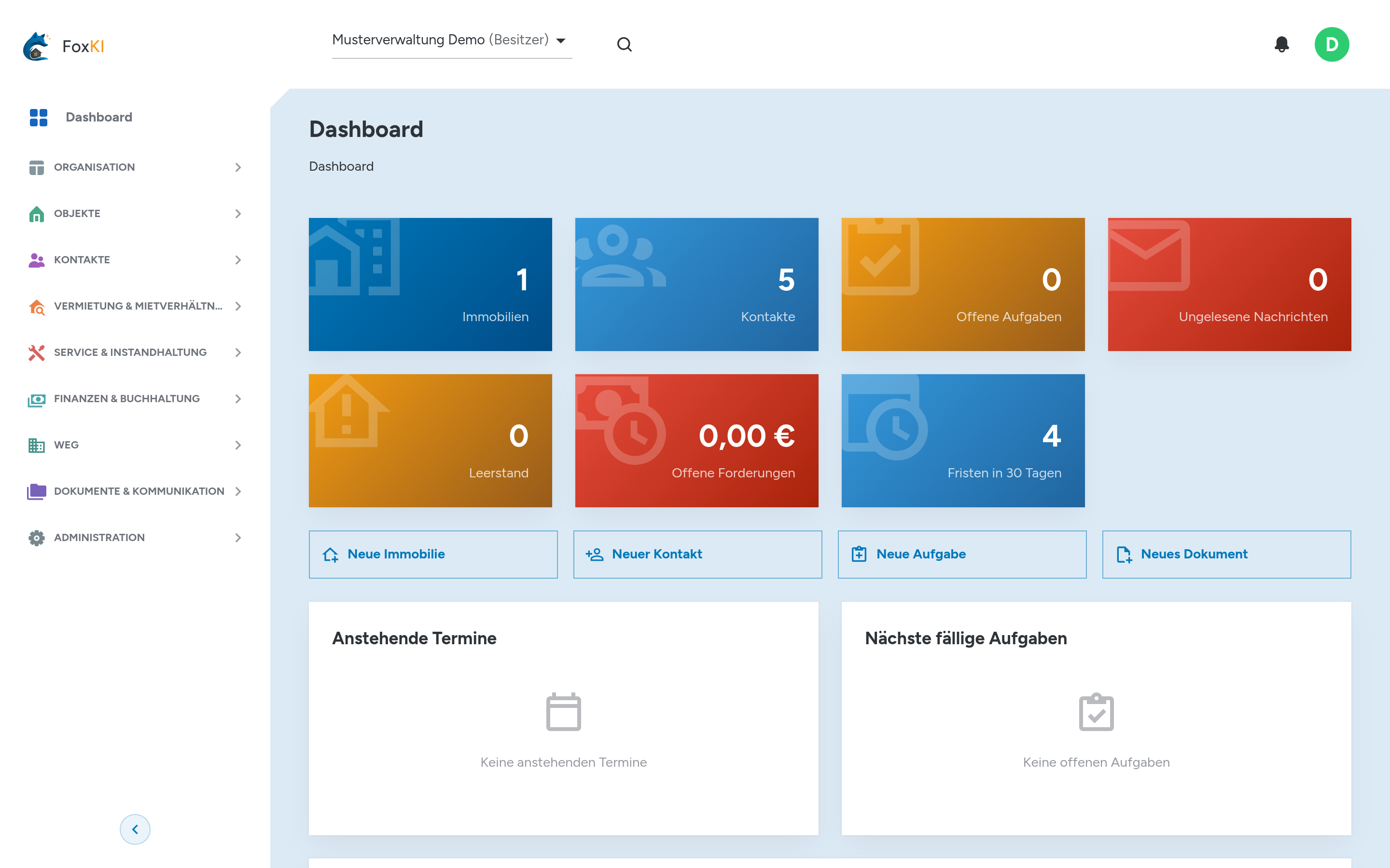 Das FoxKI-Dashboard mit sieben Kennzahlkacheln — Objekte, Kontakte, offene Aufgaben, Posteingang, Leerstand, offene Forderungen und Fristen in 30 Tagen — darunter die nächsten Termine und die letzten Aktivitäten.
