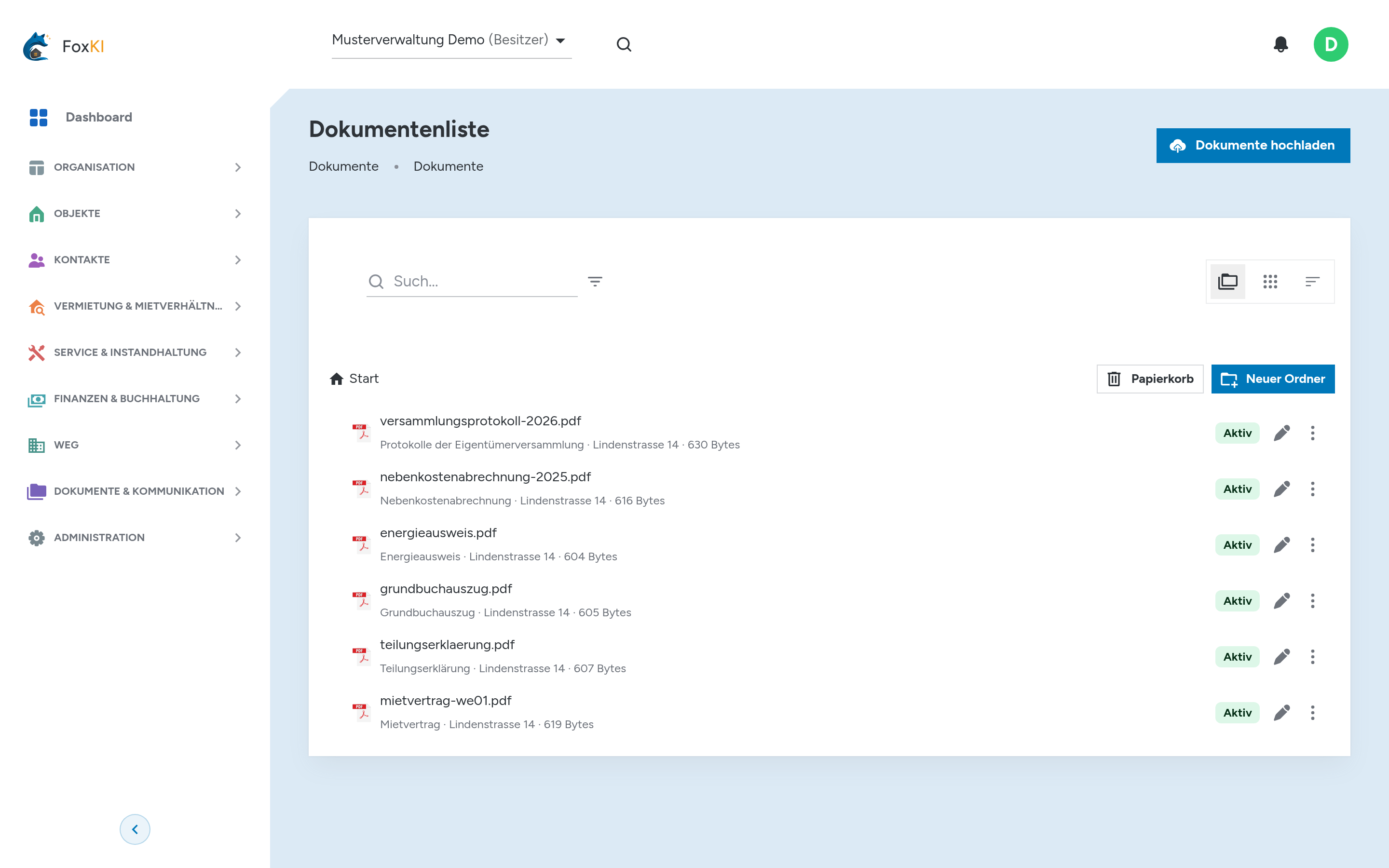 Die Dokumentenliste in der Ordneransicht: sechs PDF mit Dateiname, Dokumenttyp, zugehörigem Objekt und Dateigröße.