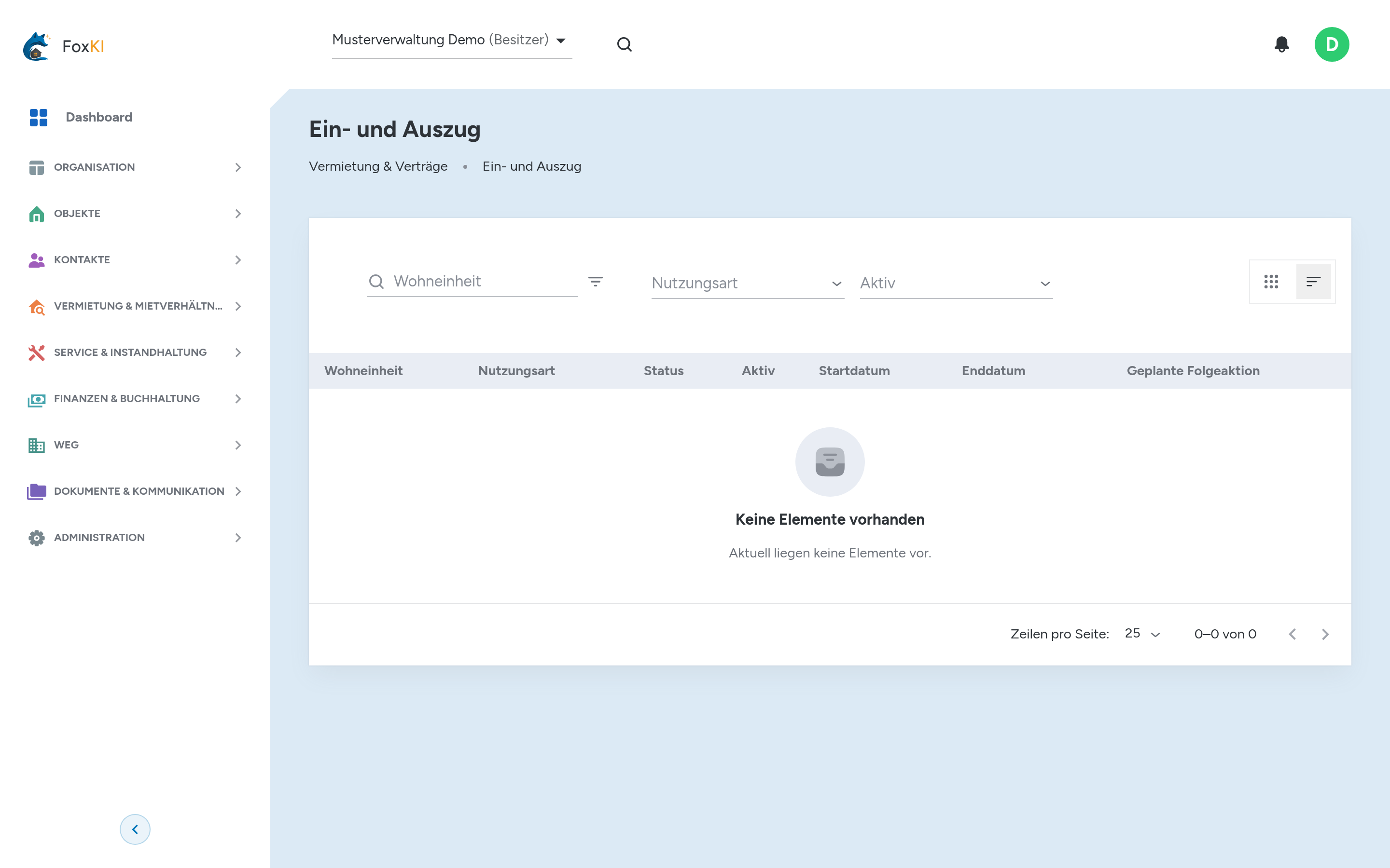 Die Liste der Nutzungsphasen mit Ein- und Auszügen je Einheit.